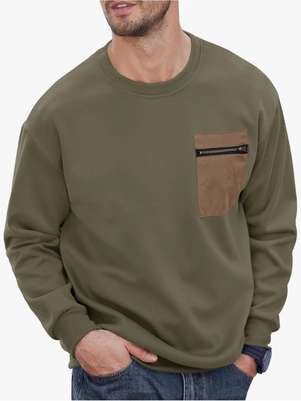 NWOT Men's Olive Green Crewneck Sweatshirt with Contrast Chest Pocket